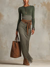 Ophelia Grace | Color Block Long Sleeve Fringe Maxi Dress
