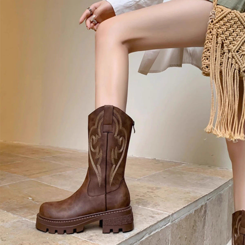Brown Leather Chunky Sole Ankle Boots