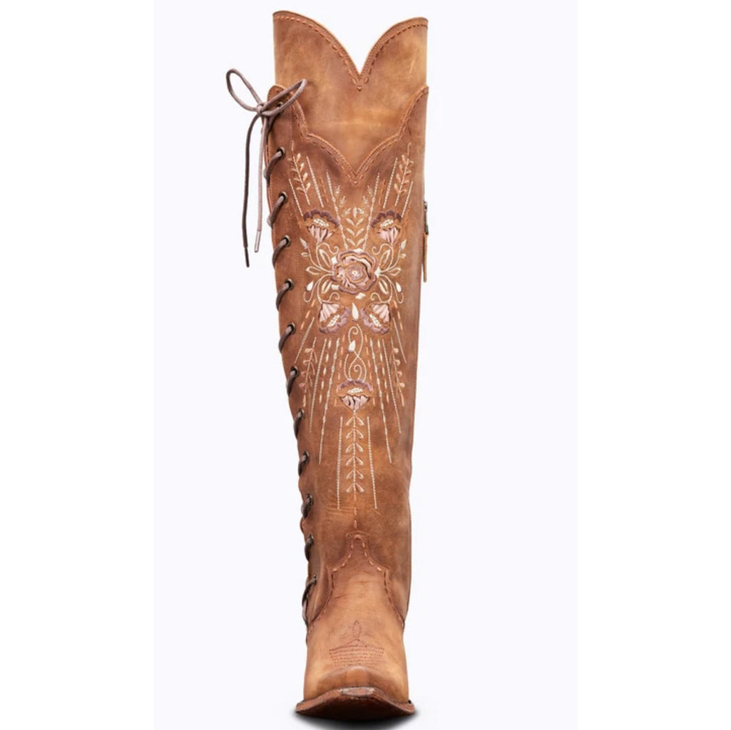 Black Embroidered Lace-Up Western Boots