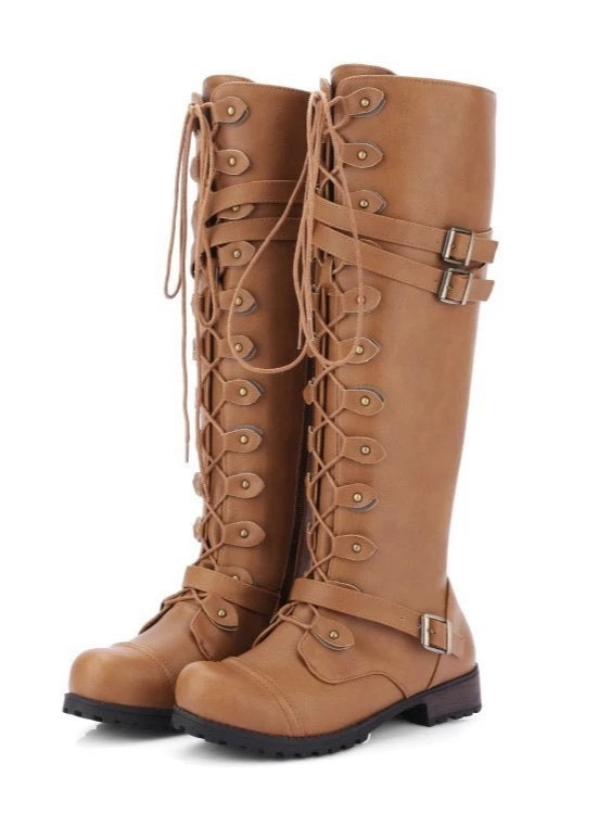 Black Lace-Up Combat Boots with Buckles