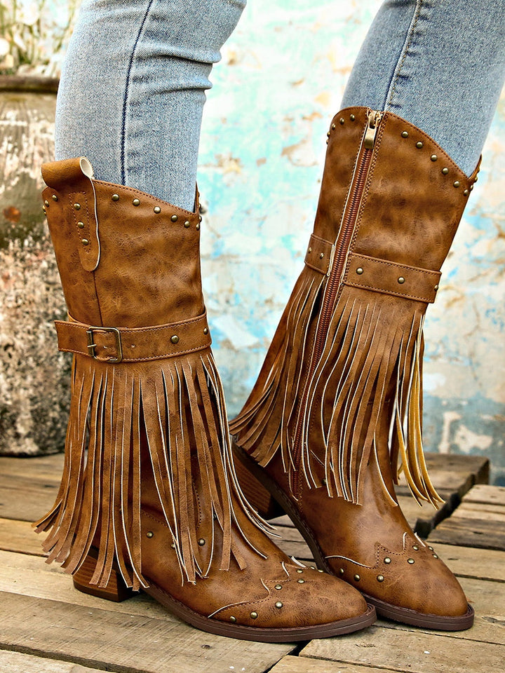 Black Fringe Ankle Boots with Studs