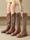 Brown Embroidered Knee-High Boots