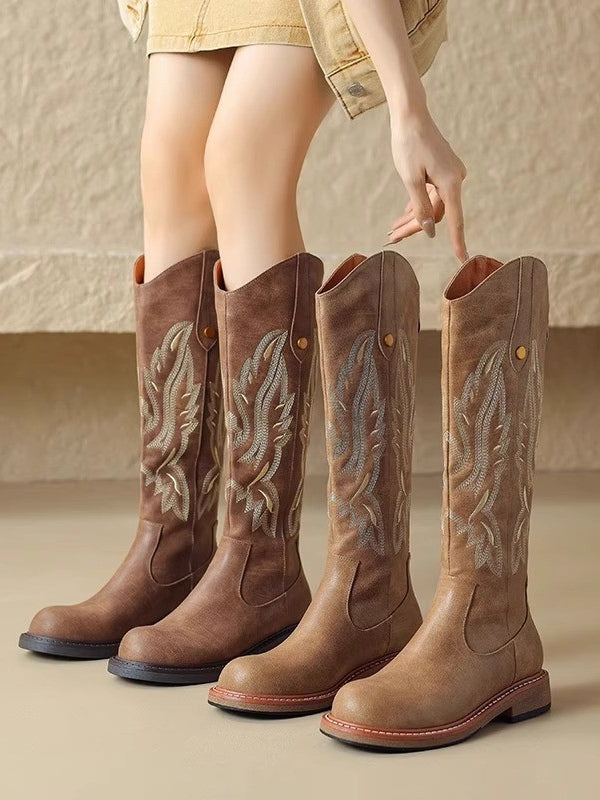 Brown Embroidered Knee-High Boots