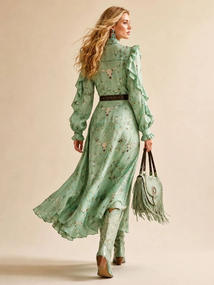 Marlena | Western Print Ruffled Maxi Dress