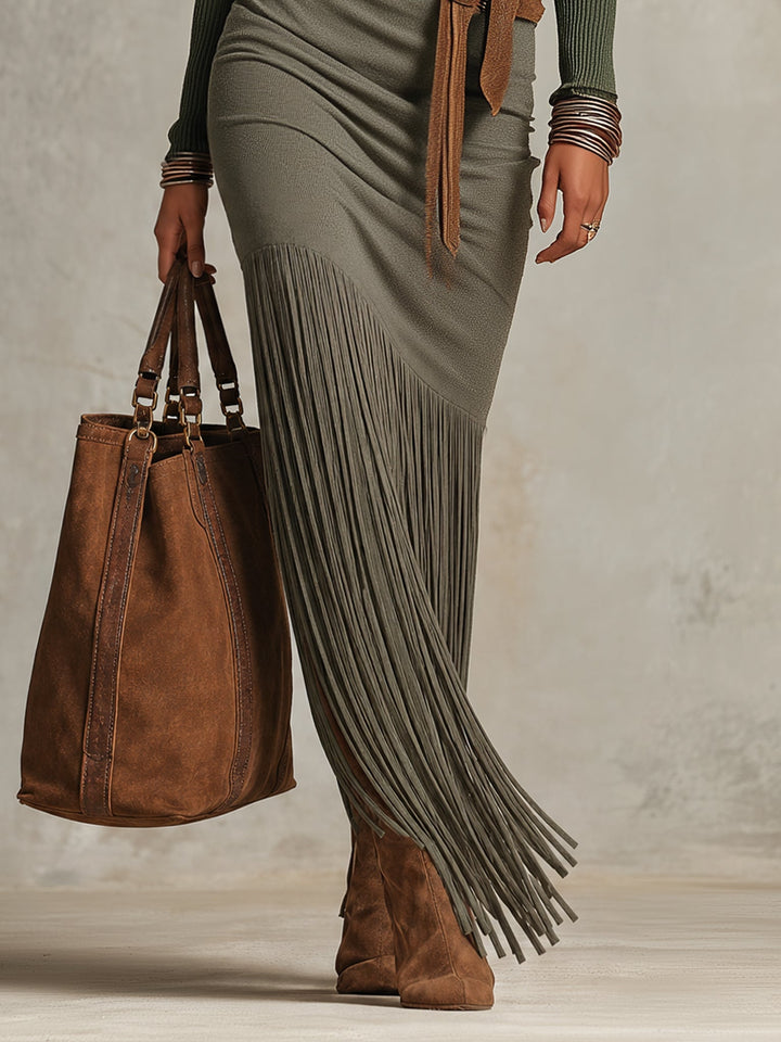 Ophelia Grace | Color Block Long Sleeve Fringe Maxi Dress
