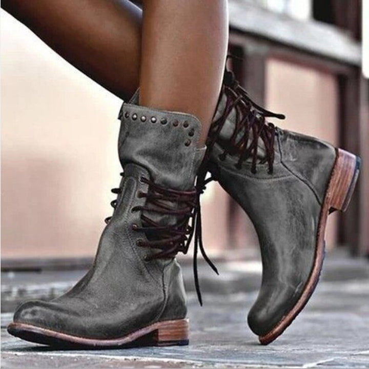 Black Lace-Up Ankle Boots with Studs