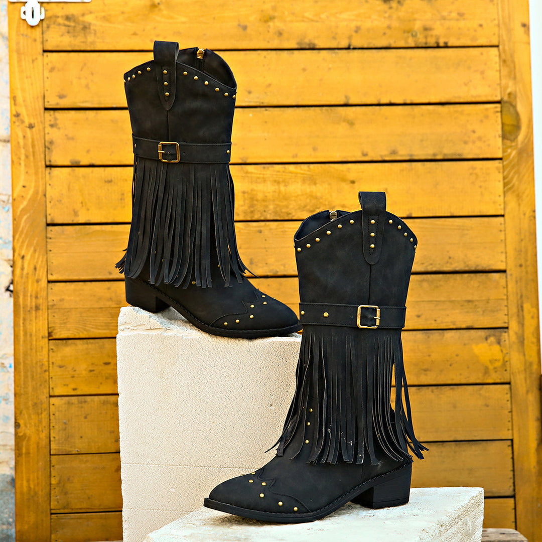 Black Fringe Ankle Boots with Studs