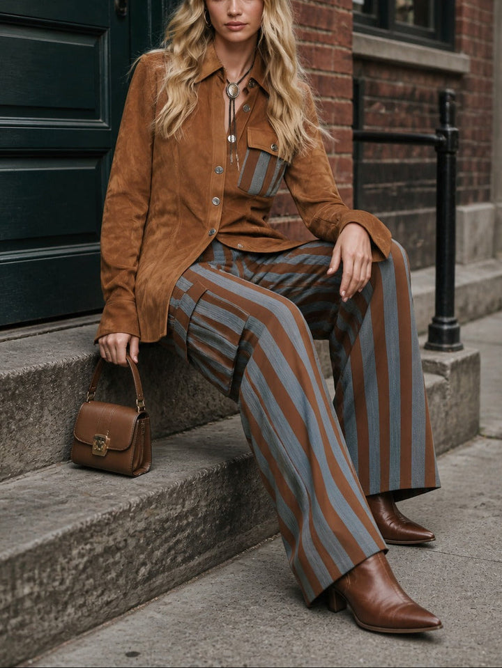Colette | Faux Suede Shirt and Striped Trousers Set