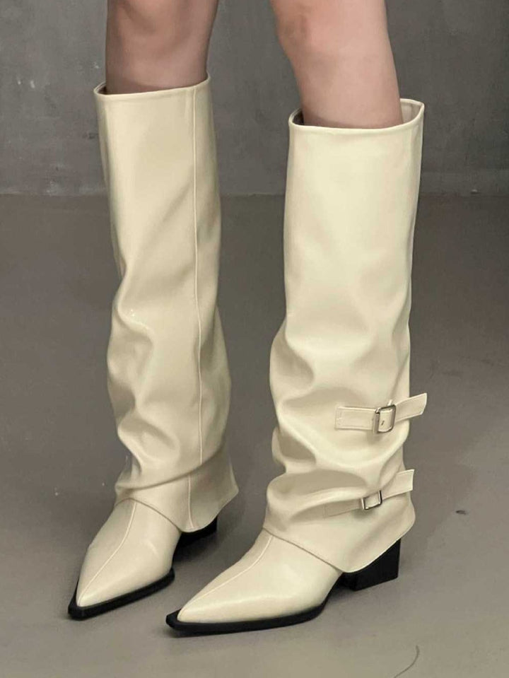 Black Patent Knee-High Boots with Buckle