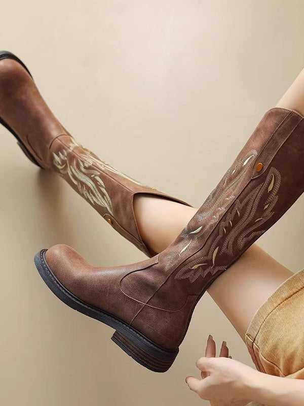 Brown Embroidered Knee-High Boots