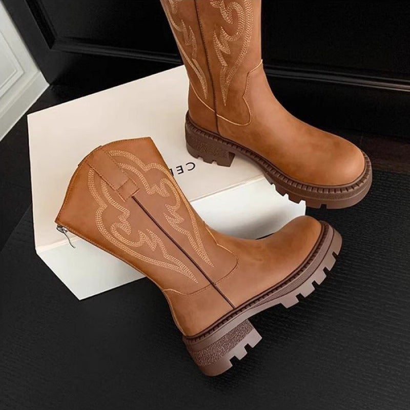 Brown Leather Chunky Sole Ankle Boots