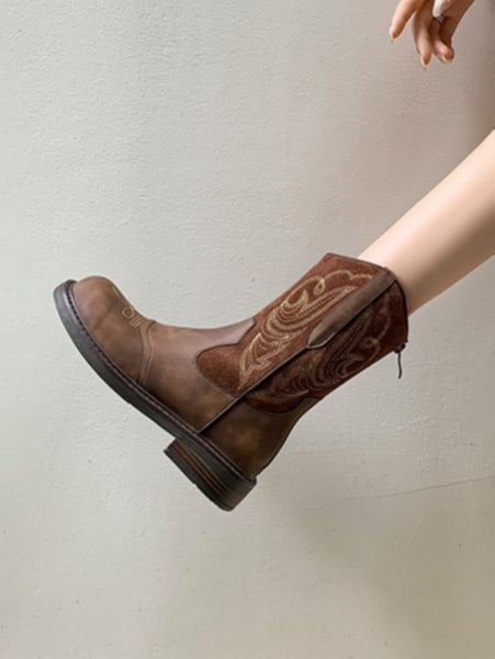 Brown Embroidered Western Ankle Boots
