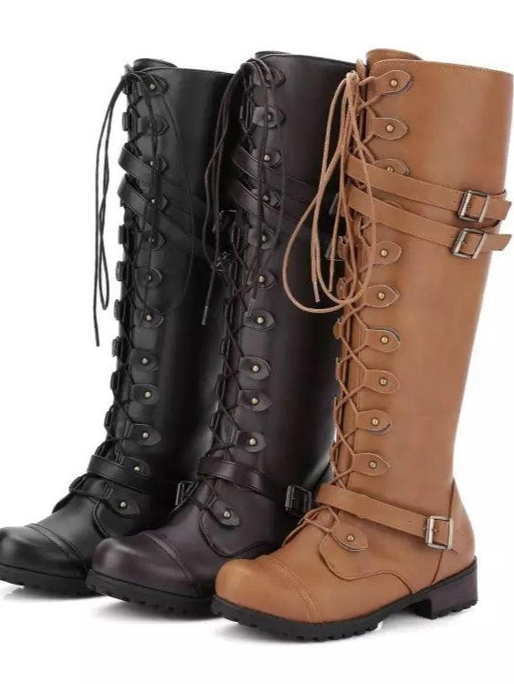 Black Lace-Up Combat Boots with Buckles
