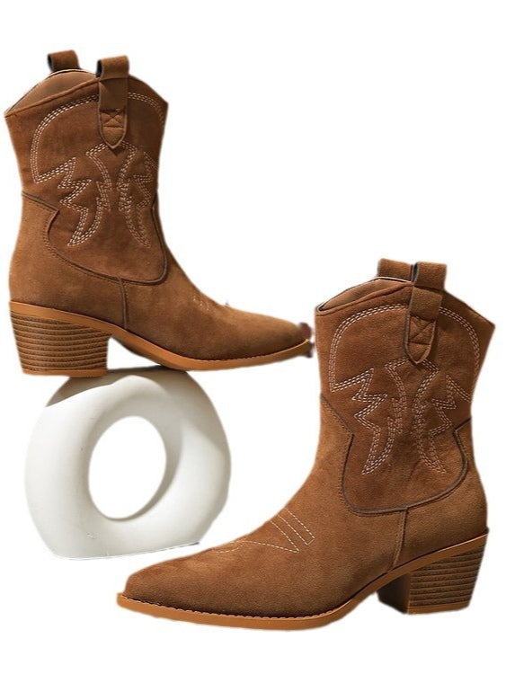 Suede Ankle Boots, Western Embroidered