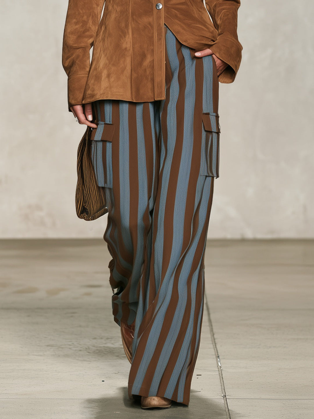 Colette | Faux Suede Shirt and Striped Trousers Set