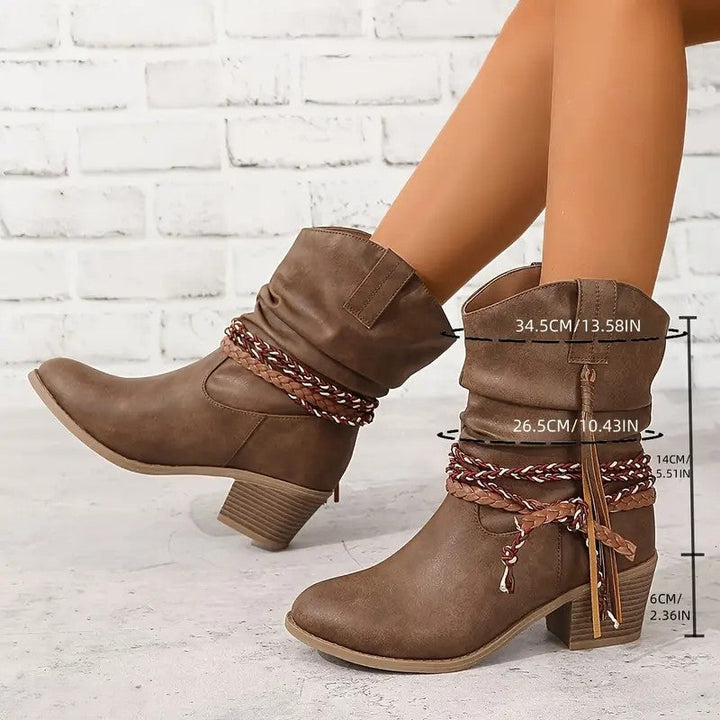 Braided Strap Ankle Boots, Western Style