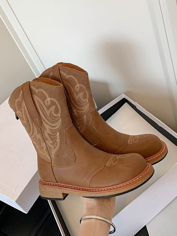 Brown Embroidered Western Ankle Boots
