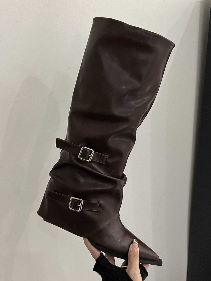 Black Patent Knee-High Boots with Buckle