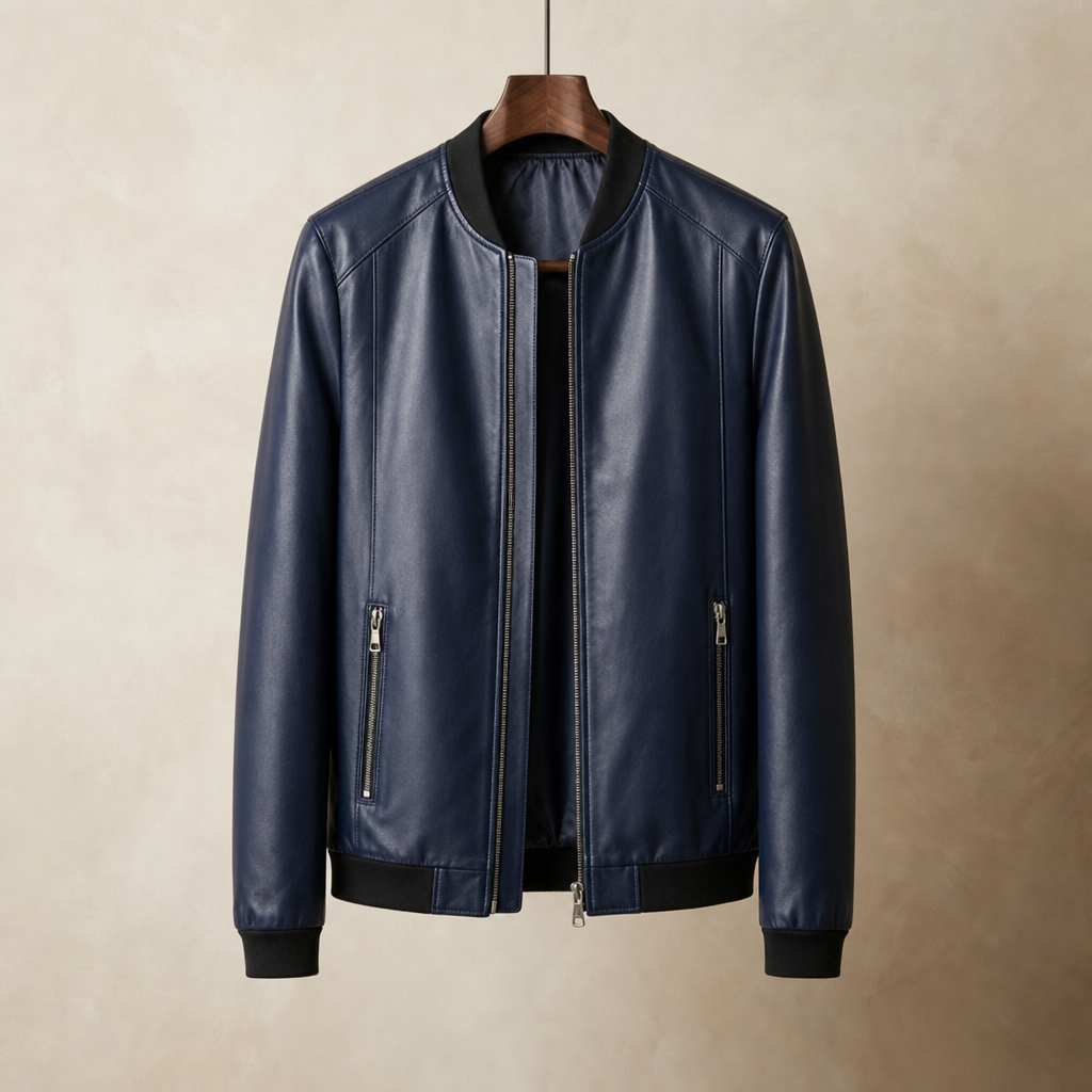 Dominic | Men's Faux Leather Bomber Jacket with O-Neck Collar