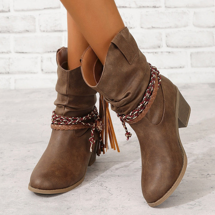 Braided Strap Ankle Boots, Western Style