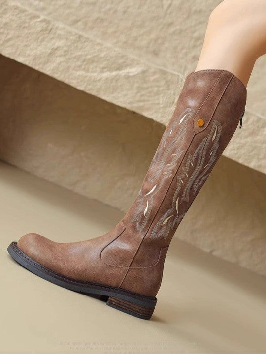 Brown Embroidered Knee-High Boots