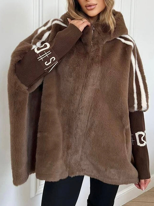 Plush Hooded Coat with Graphic Sleeves