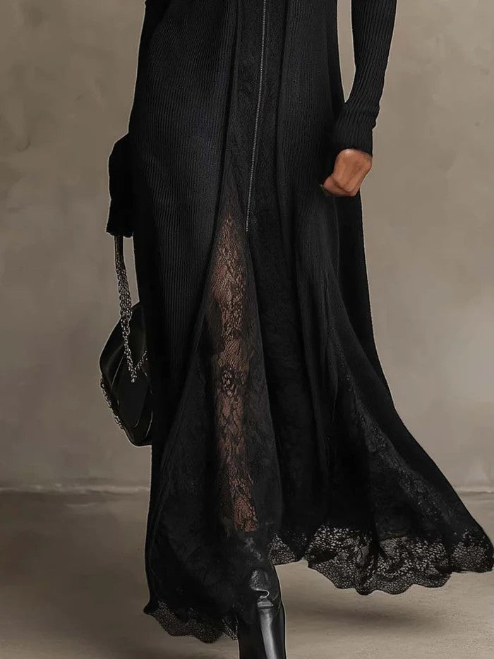 Wilhelmina Grace | Ribbed Knit Lace Patch Maxi Dress