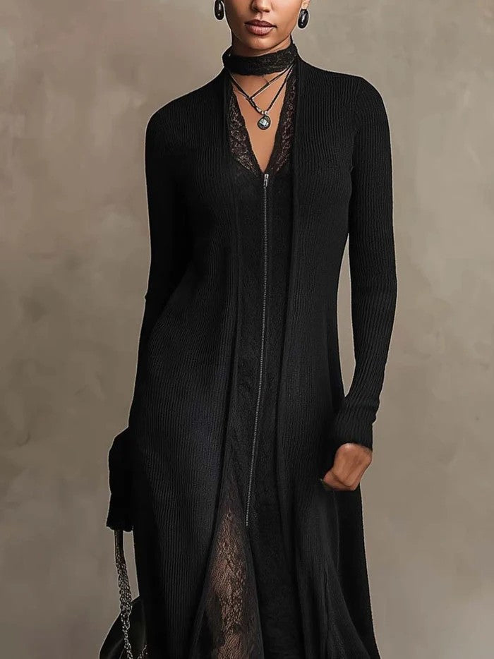 Wilhelmina Grace | Ribbed Knit Lace Patch Maxi Dress