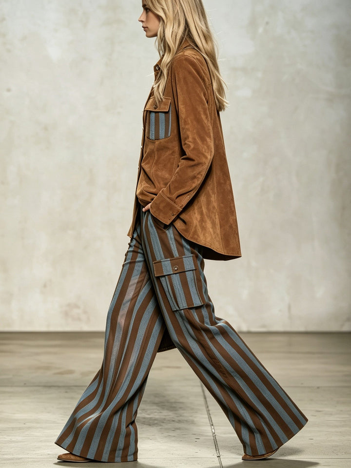 Colette | Faux Suede Shirt and Striped Trousers Set