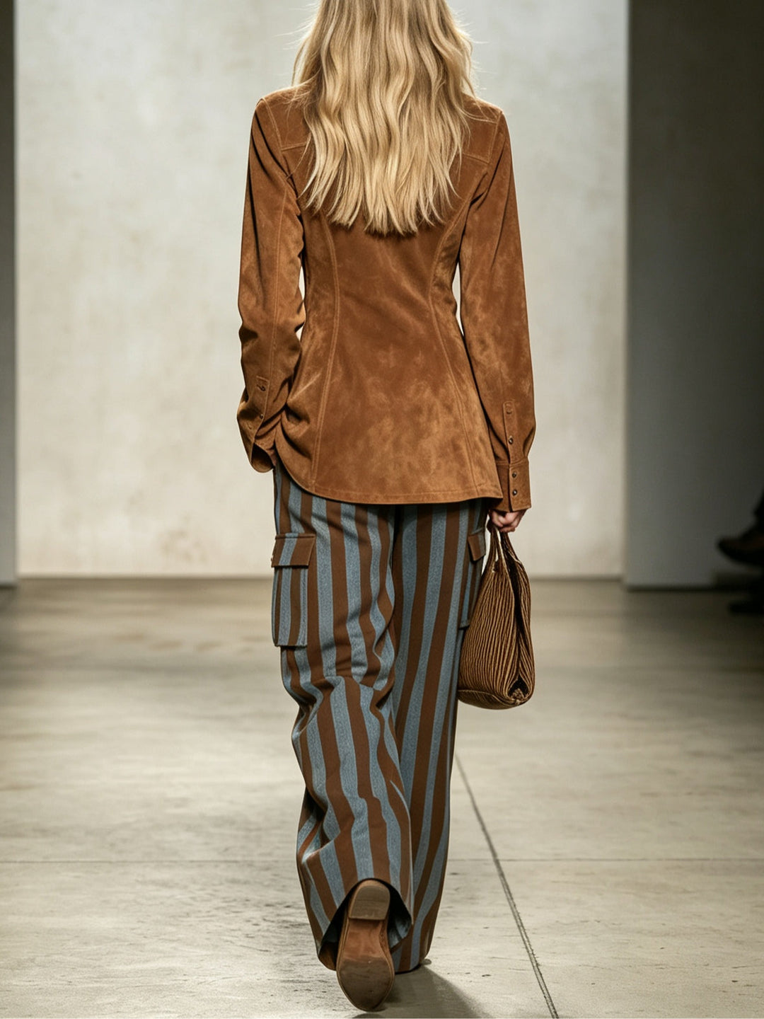 Colette | Faux Suede Shirt and Striped Trousers Set