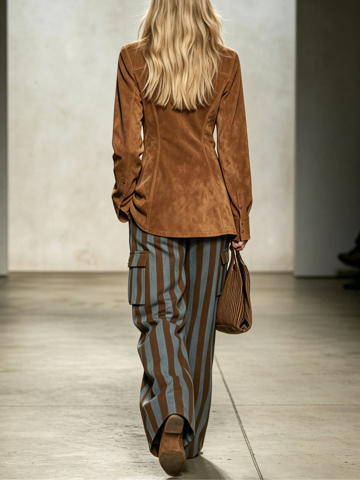 Colette | Faux Suede Shirt and Striped Trousers Set