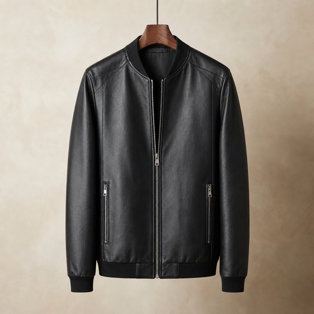 Dominic | Men's Faux Leather Bomber Jacket with O-Neck Collar