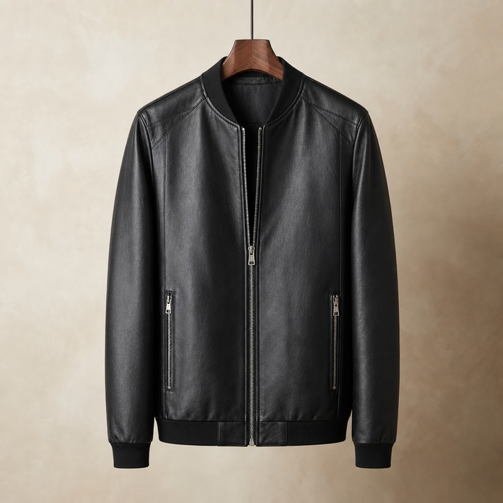 Dominic | Men's Faux Leather Bomber Jacket with O-Neck Collar