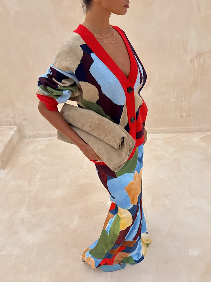 Color Block Abstract Print Cardigan