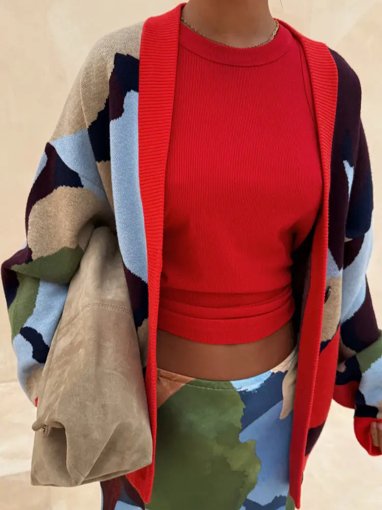 Color Block Abstract Print Cardigan
