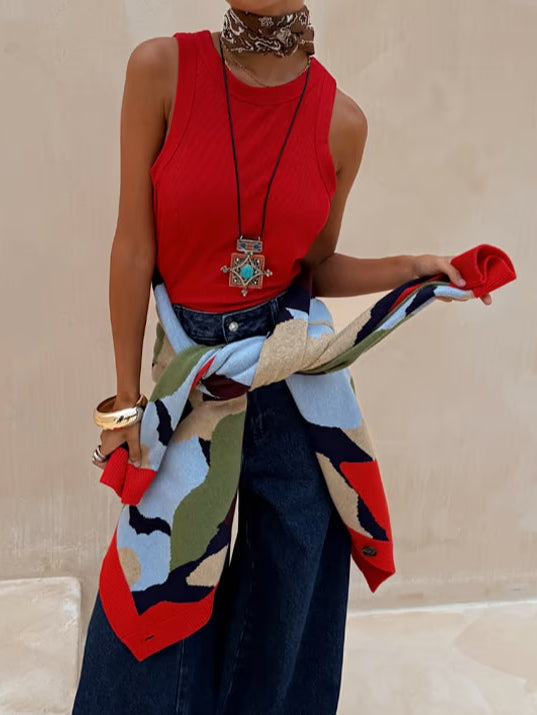 Color Block Abstract Print Cardigan
