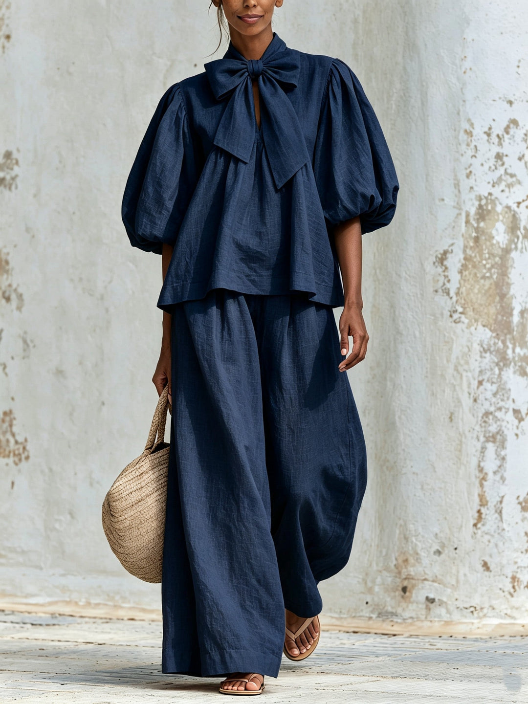 Rosemarie | Bow Tie Puff Sleeve Top and Wide-Leg Pants Set