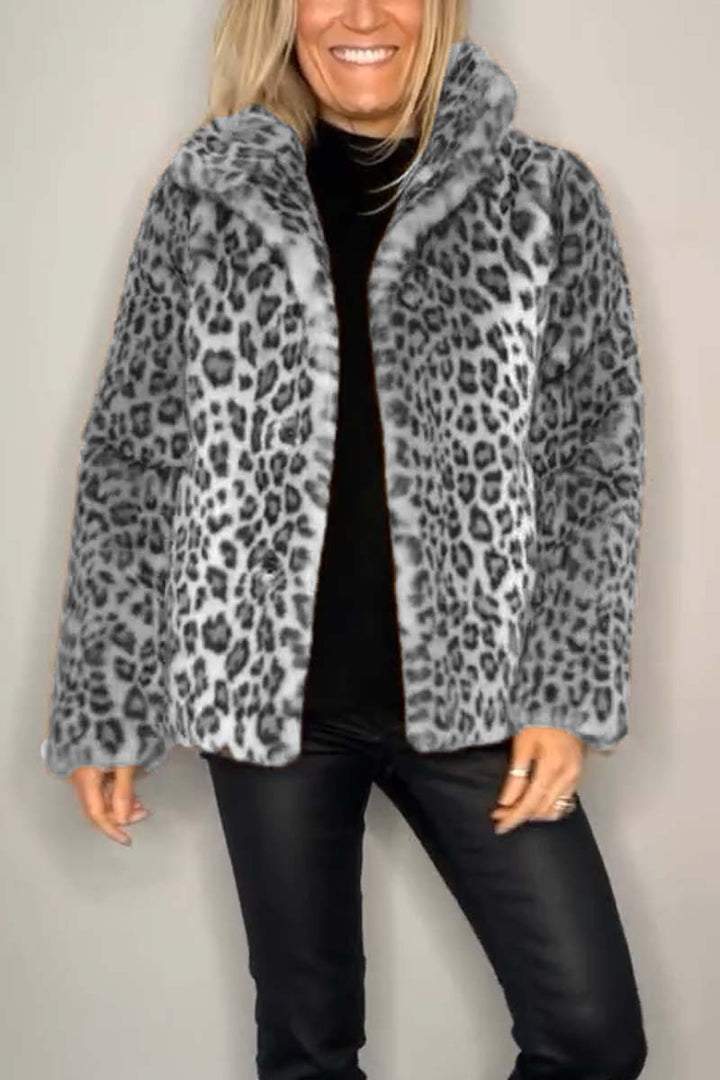 Leopard Print Faux Fur Coat, Mid-Length