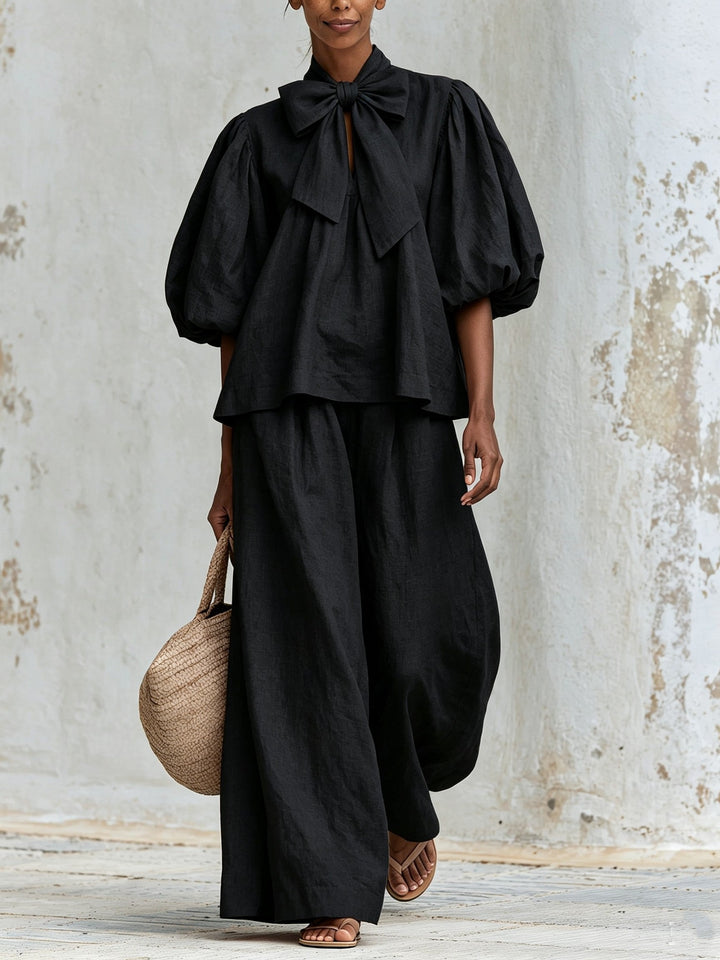 Rosemarie | Bow Tie Puff Sleeve Top and Wide-Leg Pants Set