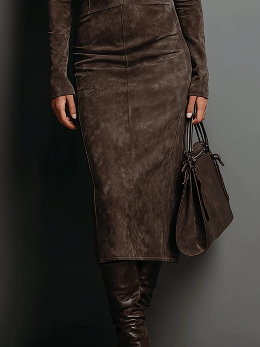 Wilhelmina | Suede High Neck Midi Dress