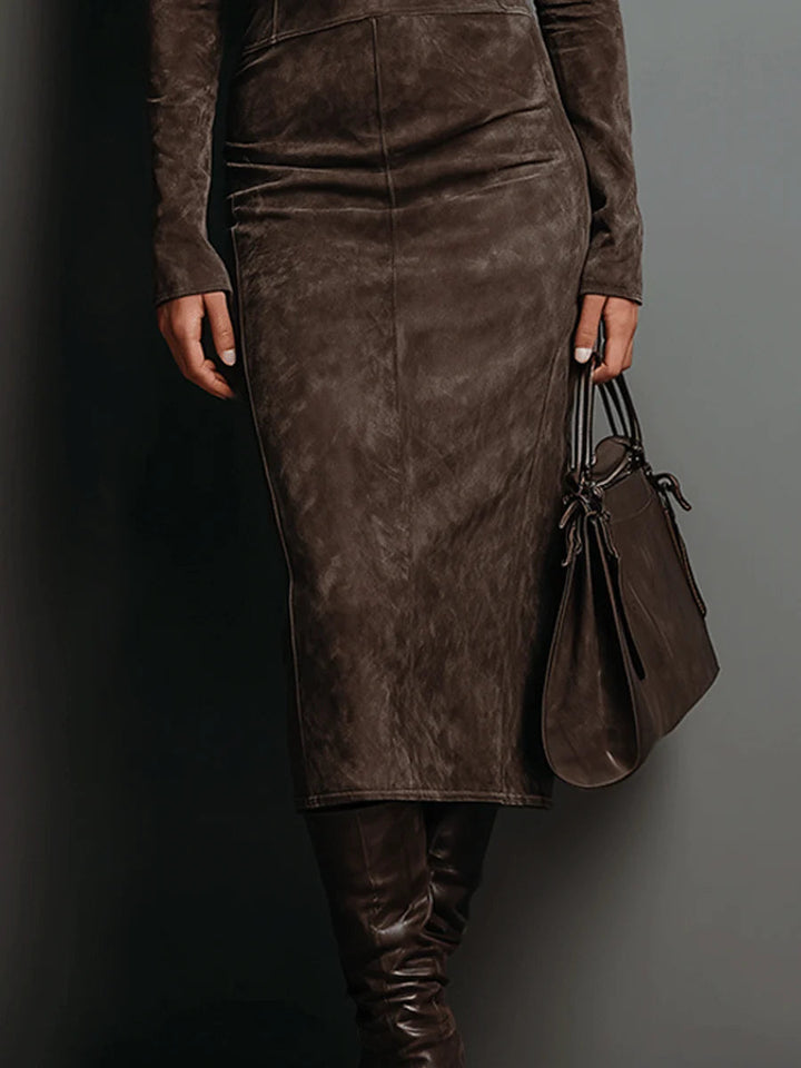 Wilhelmina | Suede High Neck Midi Dress