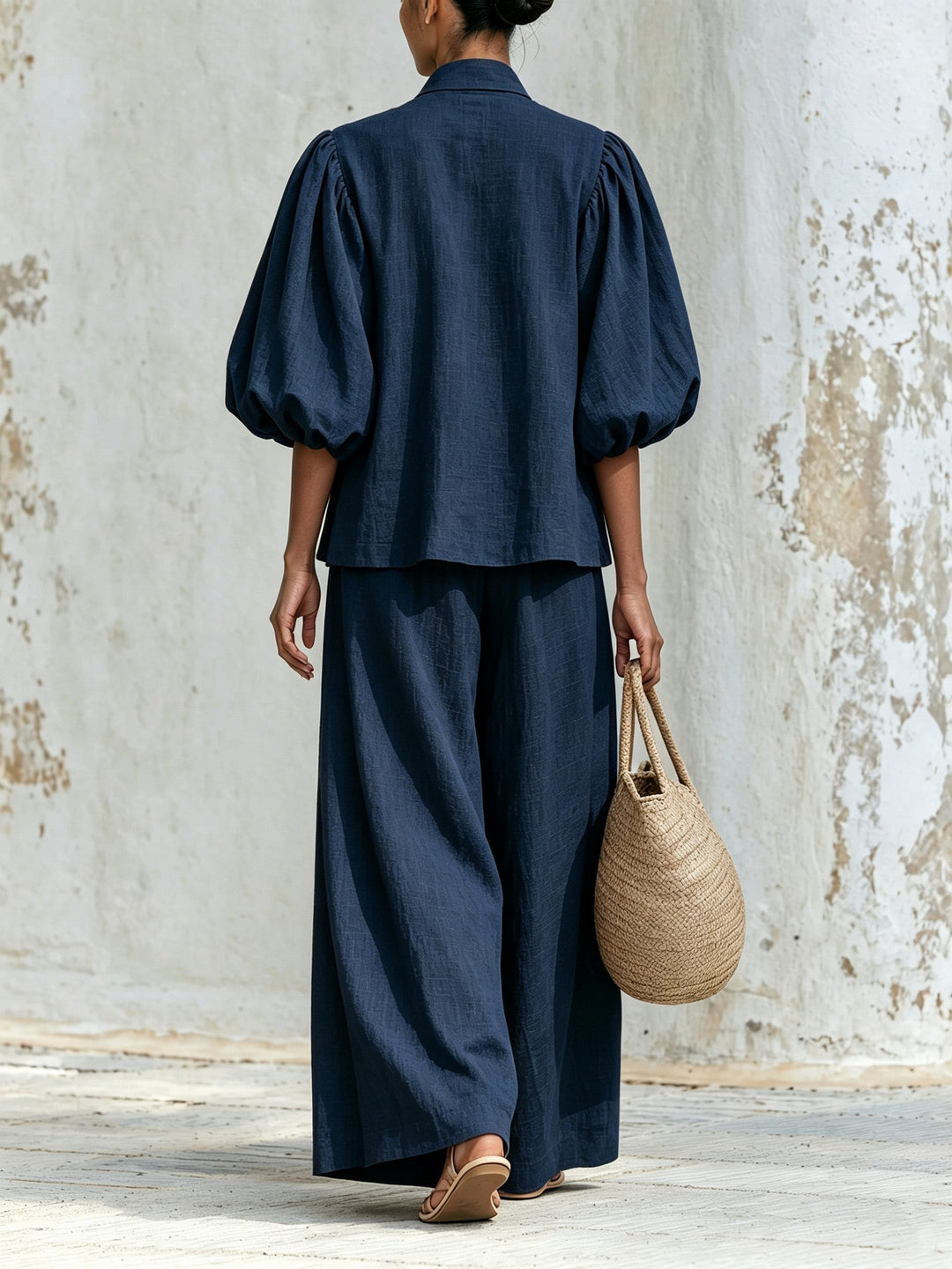 Rosemarie | Bow Tie Puff Sleeve Top and Wide-Leg Pants Set