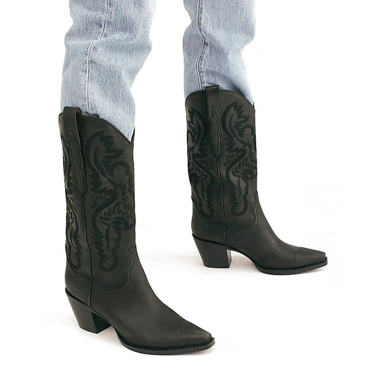 Black Embroidered Pointed Toe Western Boots