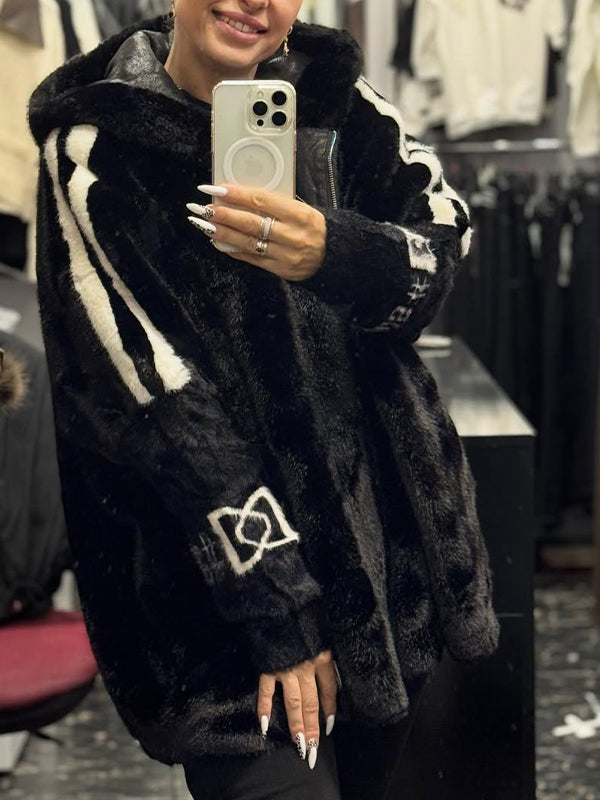Plush Hooded Coat with Graphic Sleeves