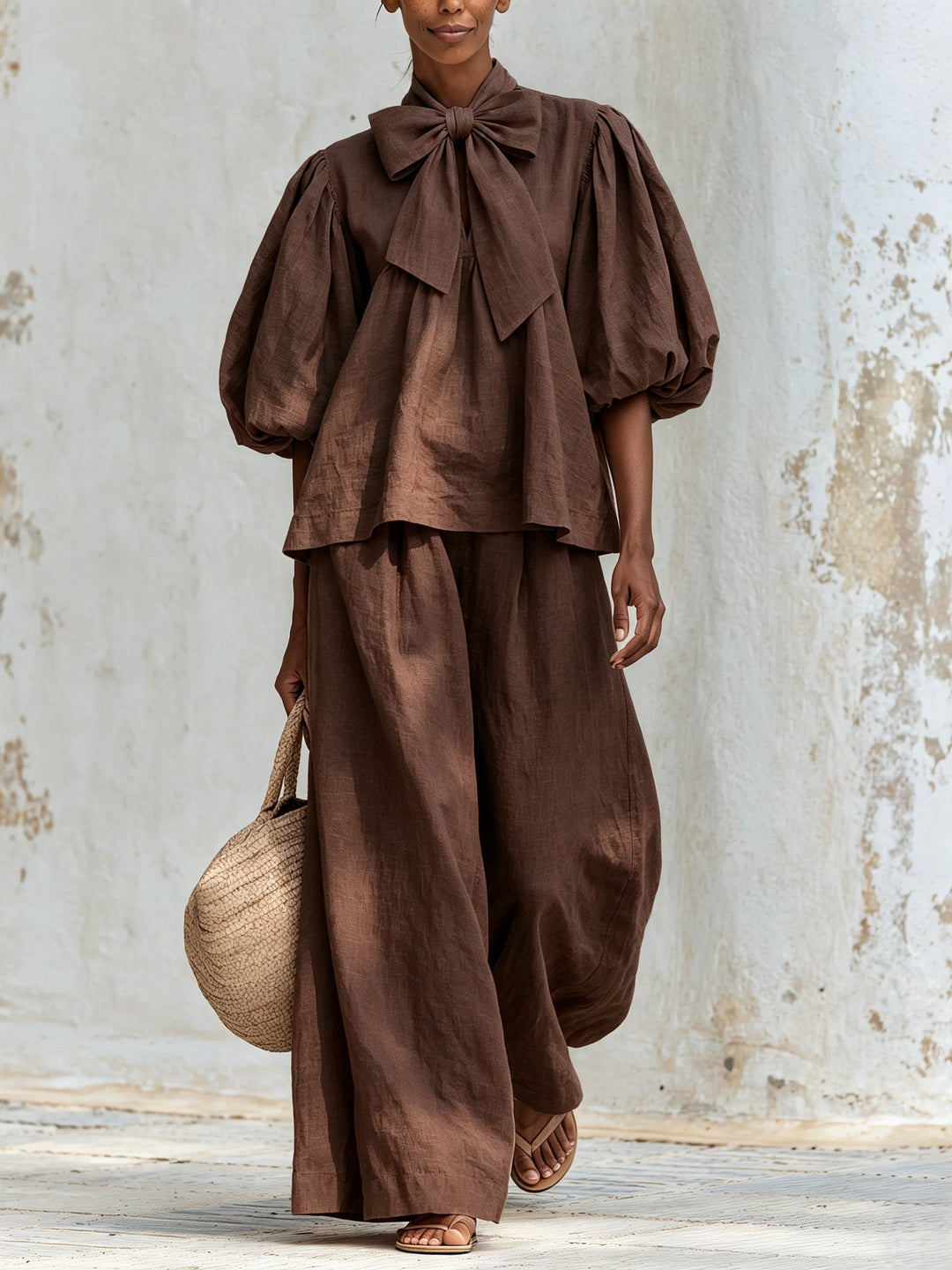 Rosemarie | Bow Tie Puff Sleeve Top and Wide-Leg Pants Set