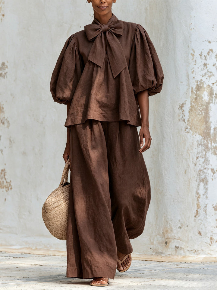 Rosemarie | Bow Tie Puff Sleeve Top and Wide-Leg Pants Set