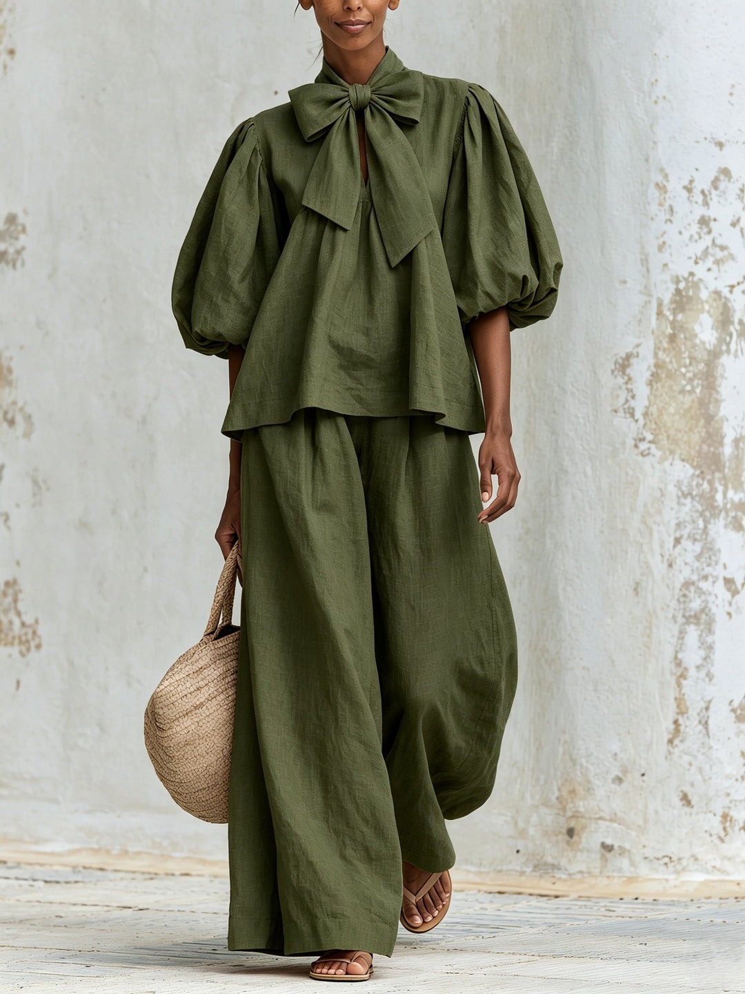 Rosemarie | Bow Tie Puff Sleeve Top and Wide-Leg Pants Set