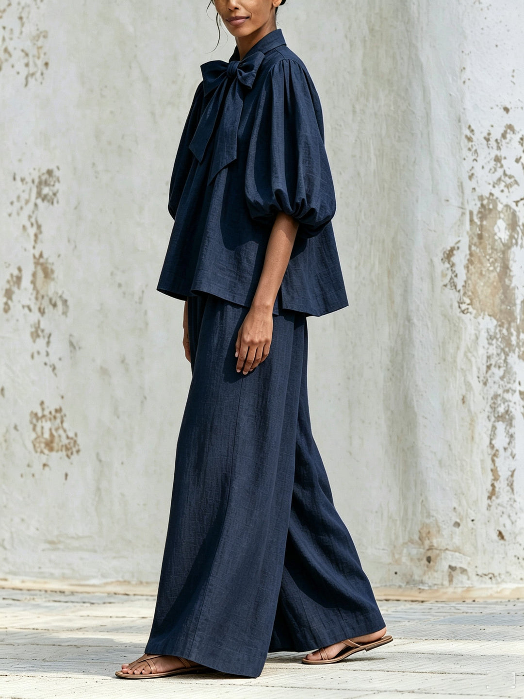 Rosemarie | Bow Tie Puff Sleeve Top and Wide-Leg Pants Set