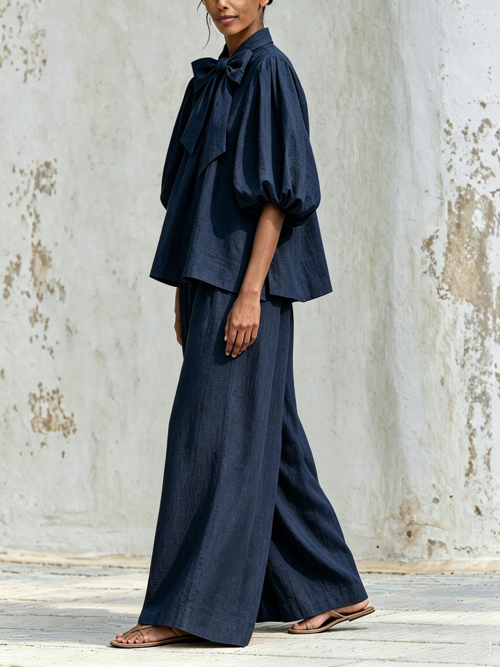 Rosemarie | Bow Tie Puff Sleeve Top and Wide-Leg Pants Set