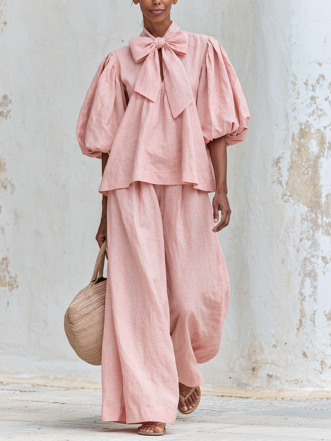 Rosemarie | Bow Tie Puff Sleeve Top and Wide-Leg Pants Set